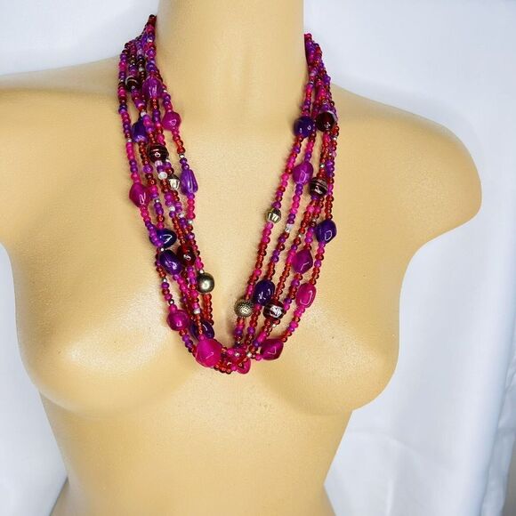 Vintage Multi Strand Glass Lucite Necklace Glass Purple Pink Shade Beads 4713 - Picture 3 of 10